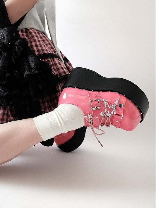 Watermelon Red Y2K Bittersweet Studs Details Chain Charm Front Lace-up Ties Platforms