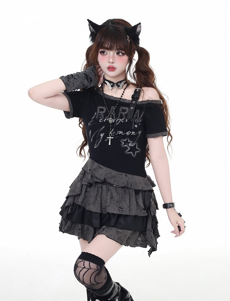 Gray Distressed Holes Lined Tiered Skirt