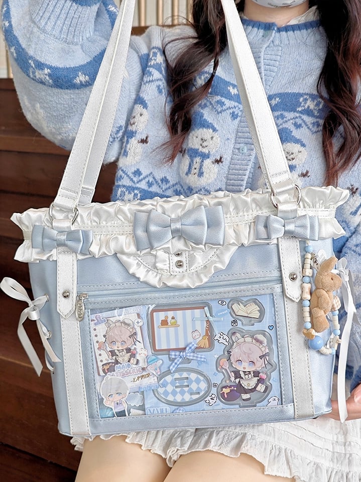 Blue&White Bowknot Details Ruffles Trim Lace-up Design Ita Bag