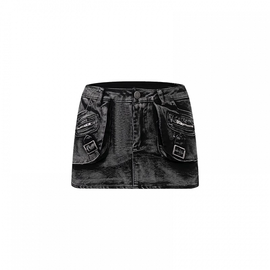 Black Low Waist Faded Wash Distressed Design Mini Bodycon Denim Skirt