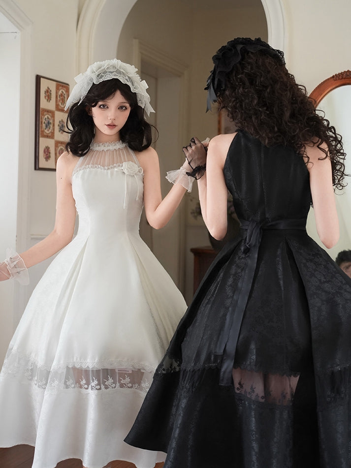 Rosette Jacquard Fabric All White Illusion Halter Neck Lace Panels Prom Dress