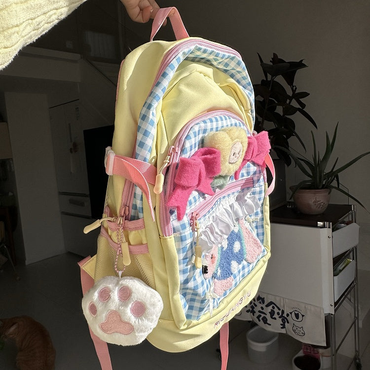 Yellow & Blue Plaid Preppy & Sporty Backpack with Plush Puppy Applique