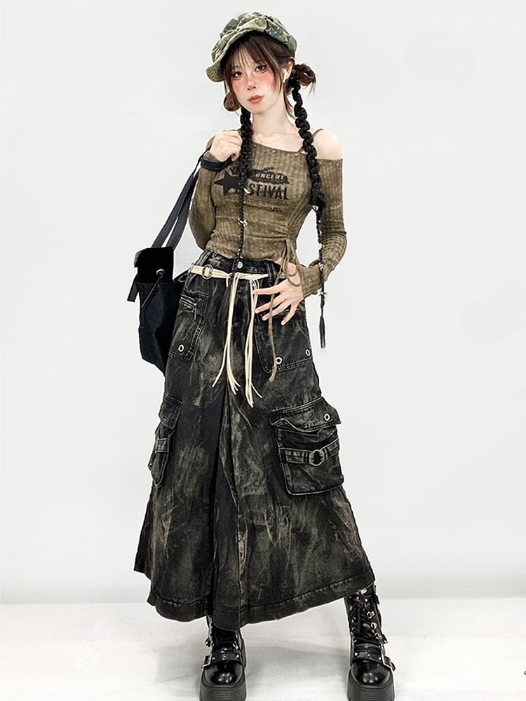 Black Faded Wash Cargo Pockets Wasteland Punk Skirt