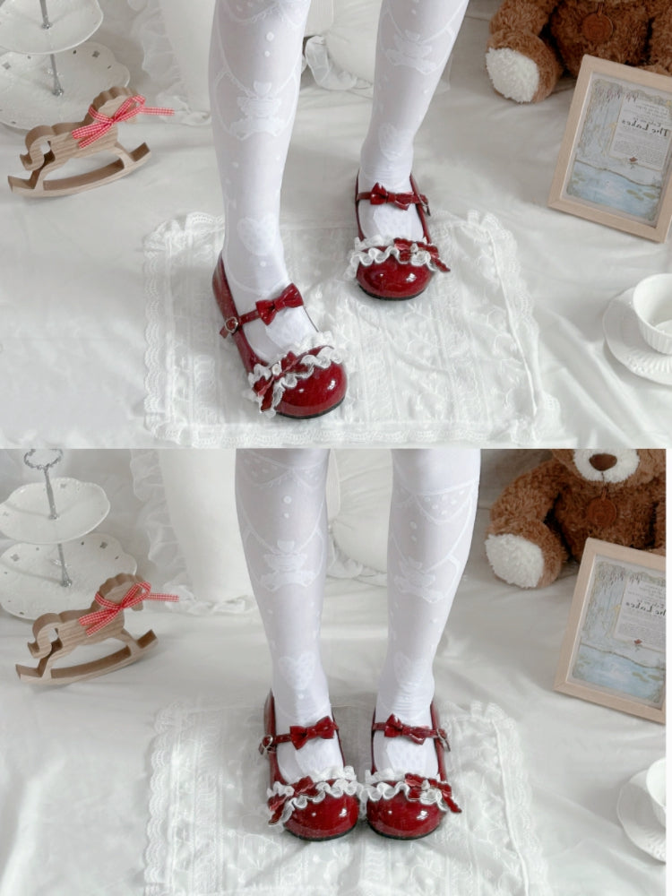 Ruffled Lace Detail, Bow Accents & Practical Heart Buckle Snap Wine Red PU Leather Flat Shoes in Sweet Lolita