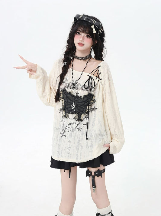 Vintage Butterfly Applique Lace-up Neckline Apricot Distressed Holes Top