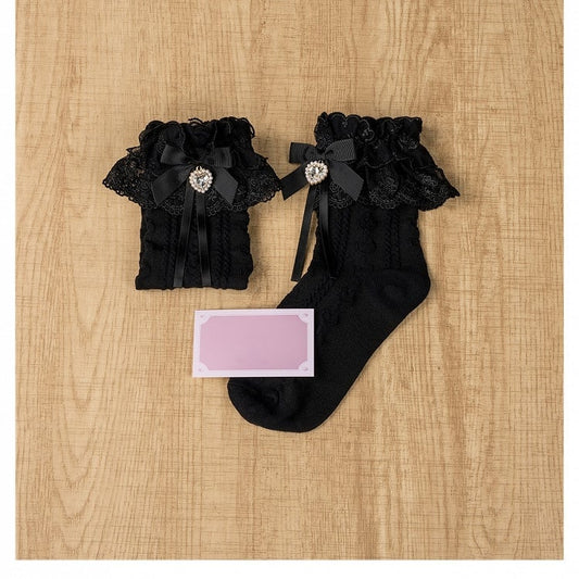Jirai Kei Black Bowknot and Heart Rhinestone Decoration Lace Cuffs Black Cotton Ankle Socks