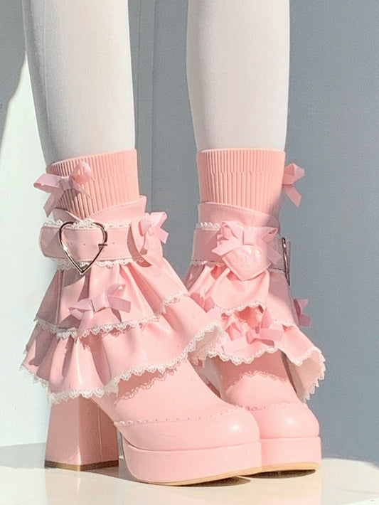 Sweet Deep Pink High-heel Boots for Lolita with Removable Tiered Ruffles Trim, Romantic Heart Clasp & Bowknot Details