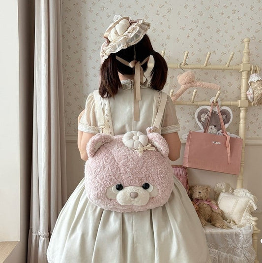Brown/Pink/White Large Plush Teddy Bear Face Lolita Backpack/Handbag