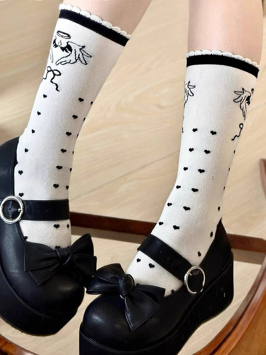 Black Angel Wings Print Lolita Calf Socks