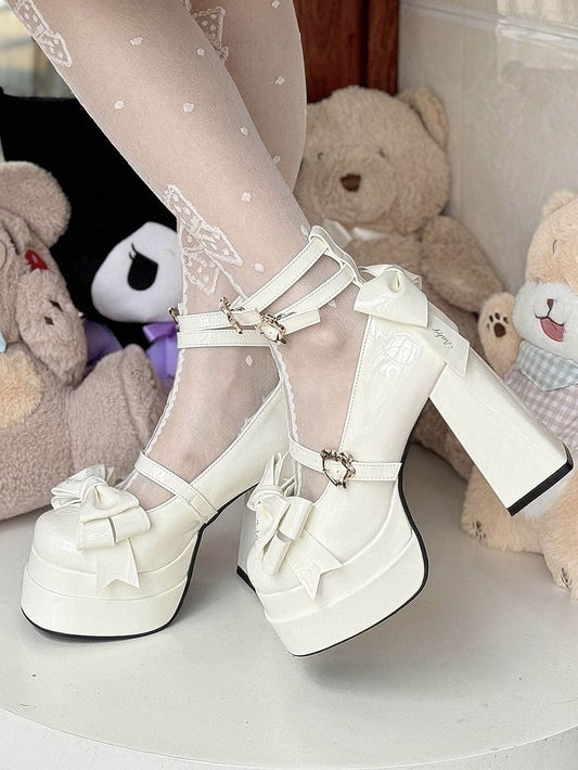 White Bow Accents High Block Heel Platform High Heels