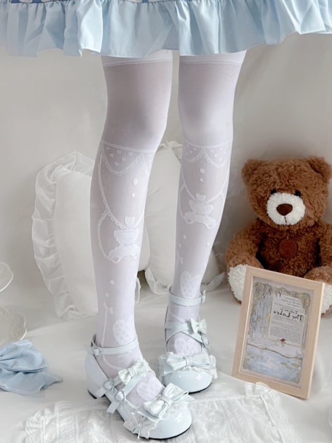 Round Toe Sweet Lolita Baby Blue Mid-heel Mary Janes in PU - Lace Trim, Bow Accents & Crisscross Design