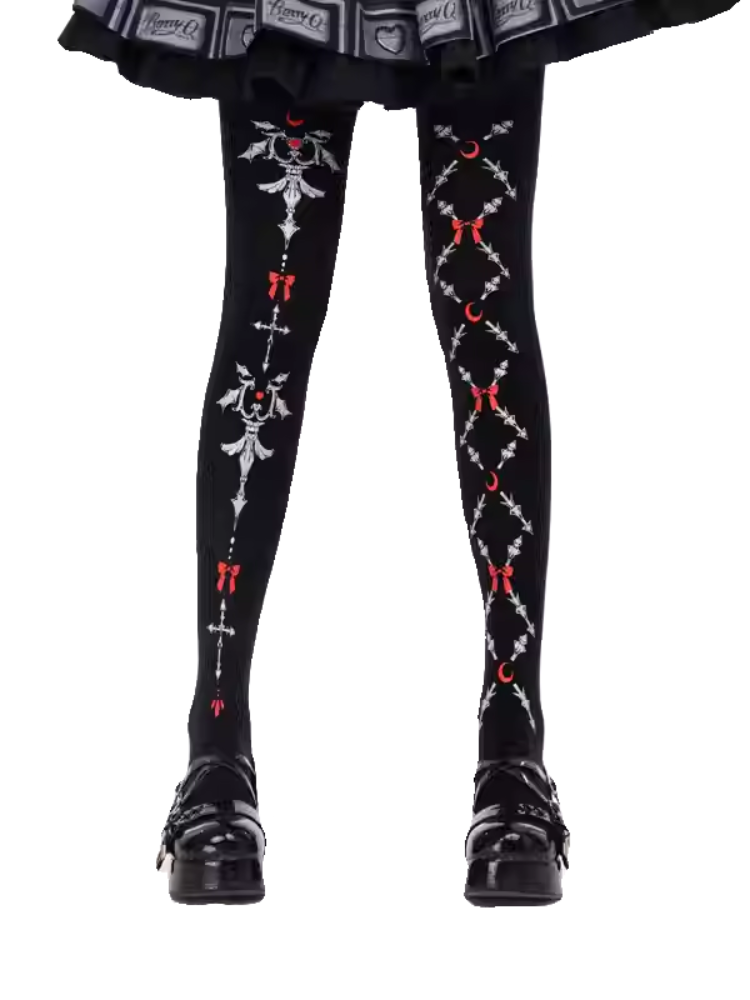 Black Gothic Lolita Red Bows Print Tights