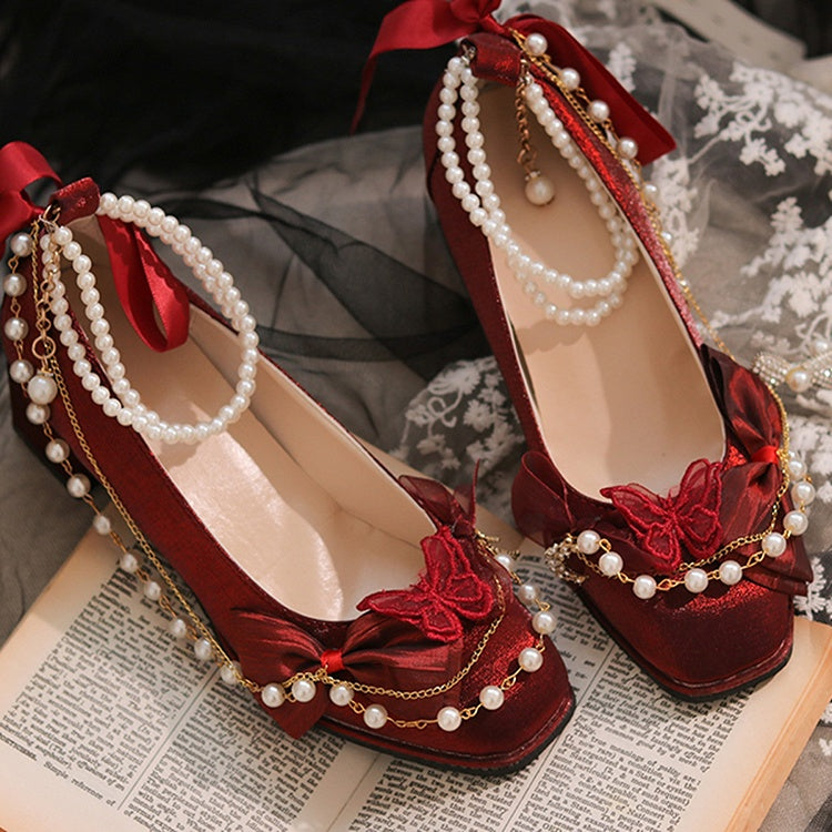 Wine Red Bowknot and Butterfly Applique Square Toe Hime Lolita Block Heels