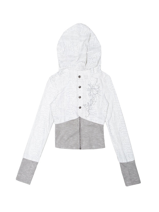 White Punk Y2K Rhinestone Hoodie Jacket with Gray Knit Hem