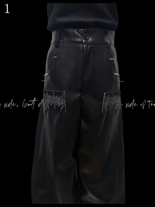 Black Punk Letter Applique Straight-leg Cut Pants