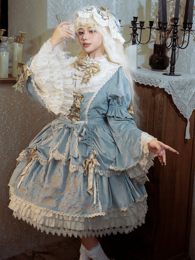 Candle and Candlestick Embroidery Blue Bell Sleeves Velvet Dress Lolita OP / Set