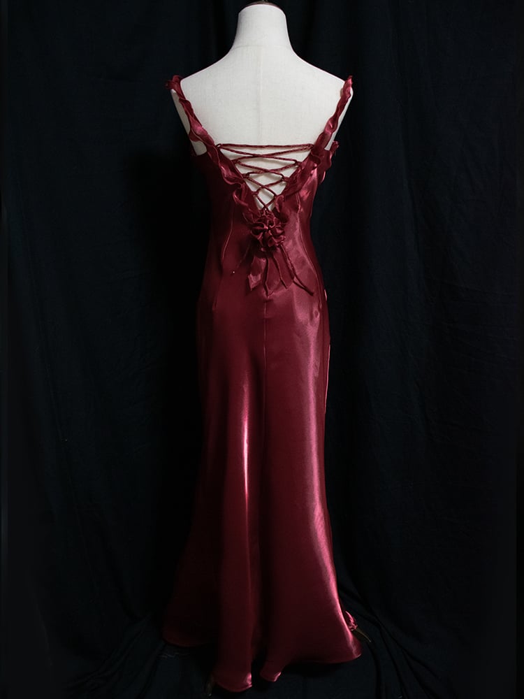 Dark Red Vintage Floral V-neck Evening Gown Lace-up Back Mermaid Dress