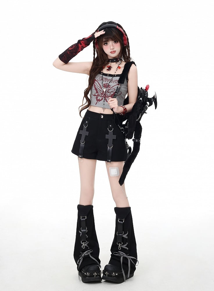 Black Cross Embellished Shorts with Lace-up Detail Detachable Leg Warmers
