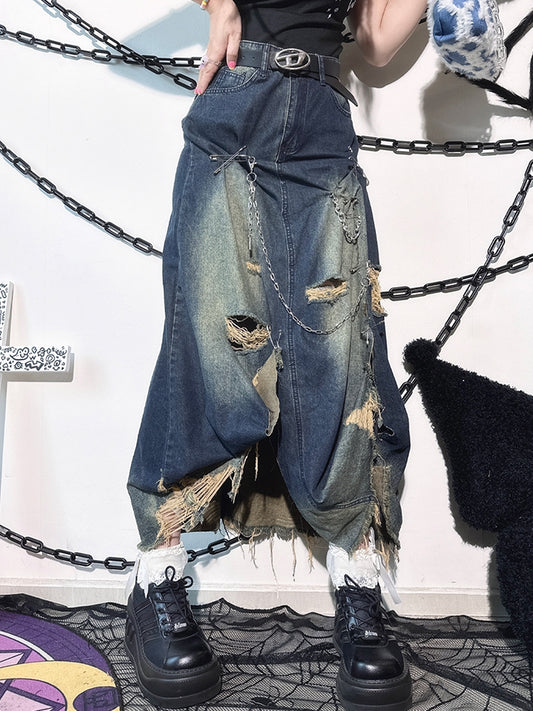 Faded Wash Blue Pins Decorated Punk Distressed Holes Y2K Denim Skirt