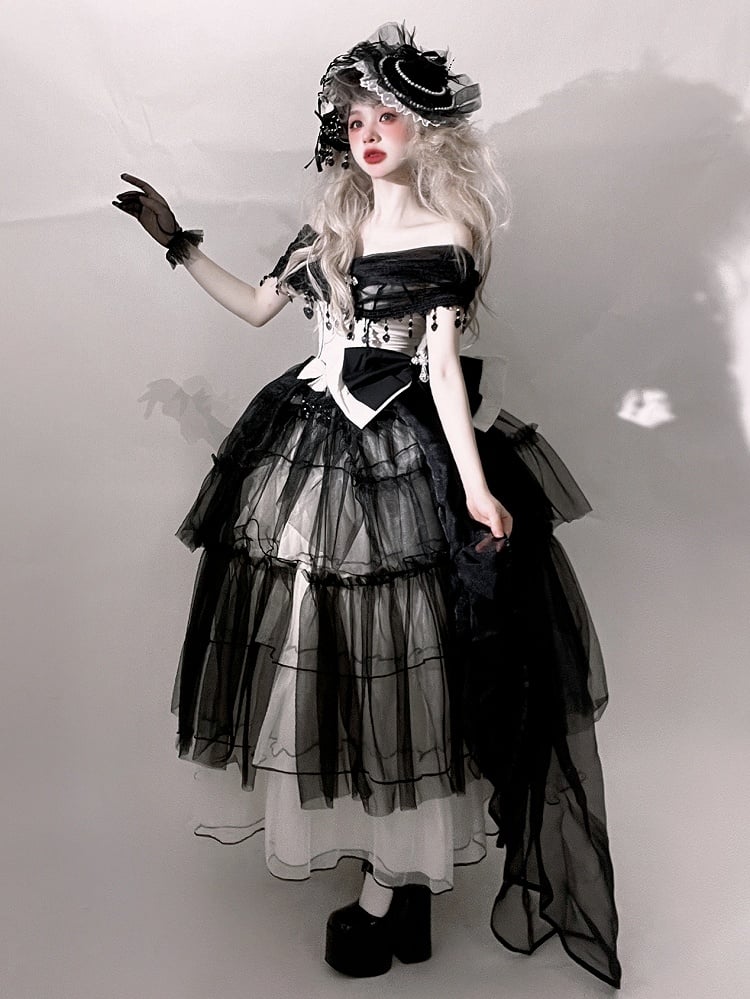 Plus Sizes Available Black Gothic Princess Off-the-shoulder Neckline Dress Black and White