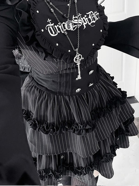 Black Gothic Off-the-shoulder Neckline Letter Print Striped Pattern Bell Sleeves Dress