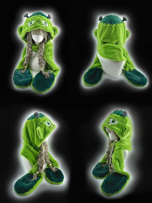Green Zombie Gothic Winter Plush Hat with Scarf Gloves
