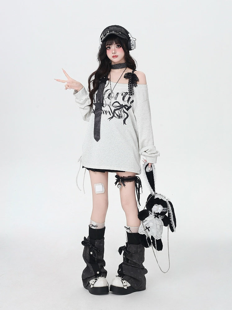 Light Gray Asymmetrical Neckline Letter Print Loose Sweatshirt