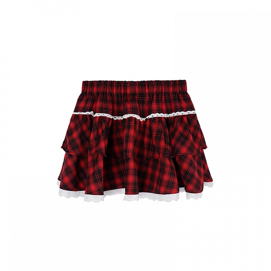 Red and Black Plaid Tiered Skirt