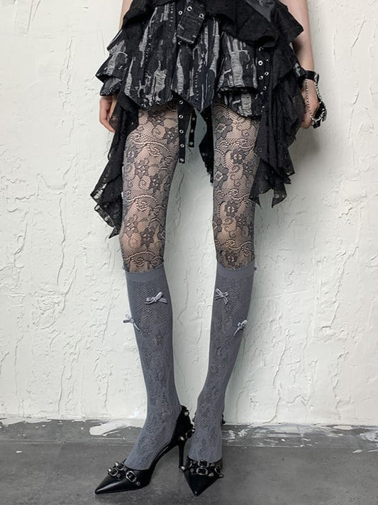 Gray Y2K Bowknot Details Hollowed-out Underknee Stockings