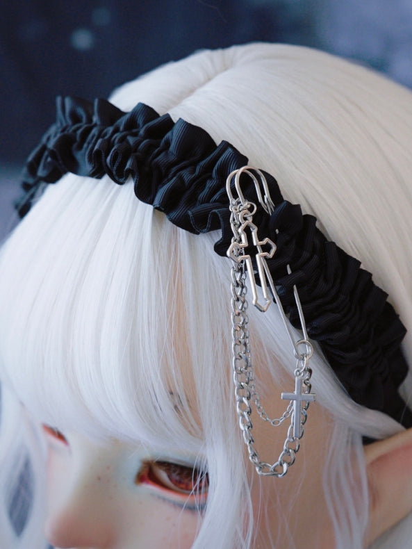 Black Ruffle Trim Decorated Pin With Cross Design KC