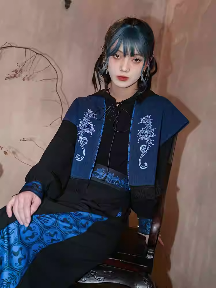 Seahorse Embroidery Tassel Hem Open Placket Blue Cheongsam Style Top