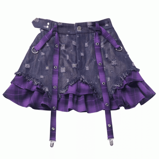 Y2K Purple Plaid Hem Distressed Holes Tie Dye Denim Skirt