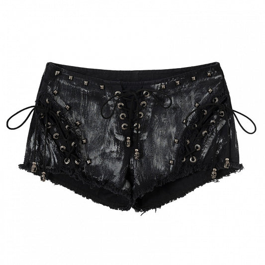 Black/White Wasteland Punk Studs Decorated Lace-up Details Raw Hem Shorts