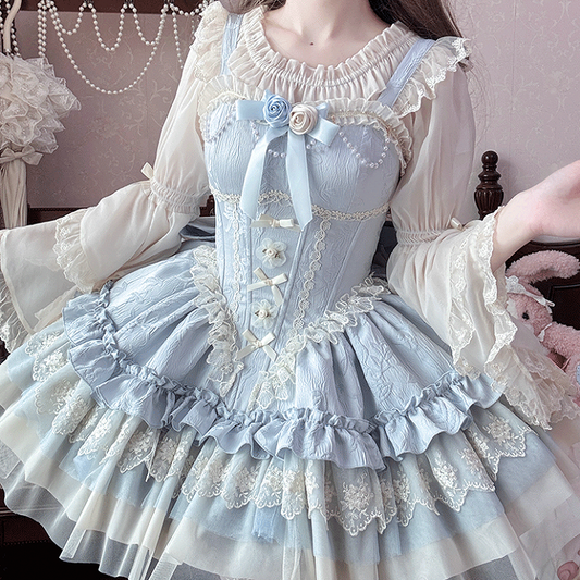 Apricot Elastic Neckline Layered Lace Cuffs Bell Sleeves Blouse