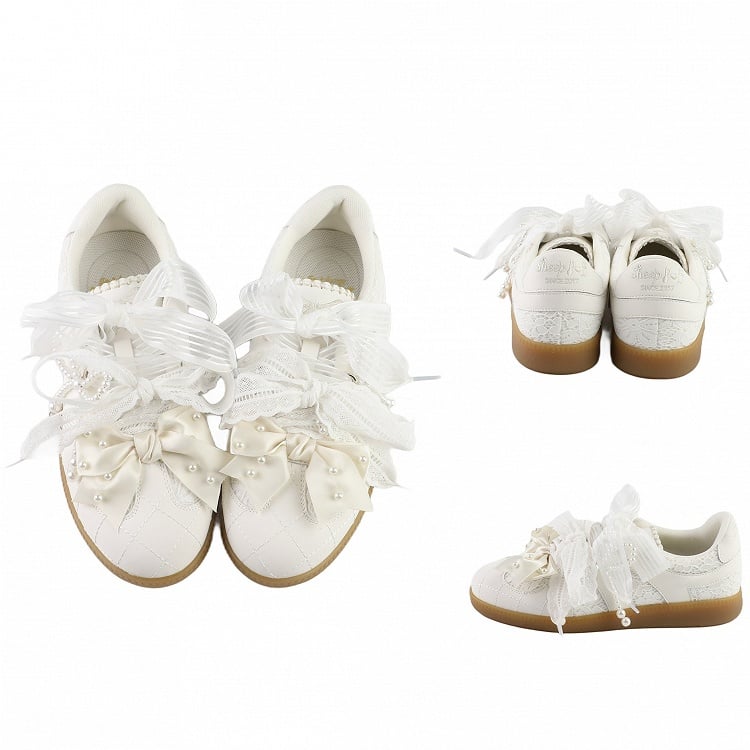 White Beaded Decorated Bow at Top Lace Front Lace-up Ties Sneakers