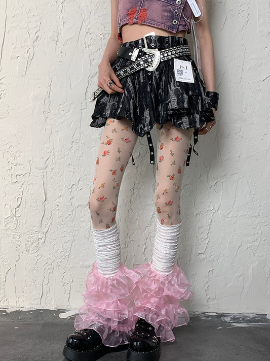 White Y2K Floral Pattern Tights + White&Pink Y2K Multi-layered Lace Trim Leg Sleeves Set