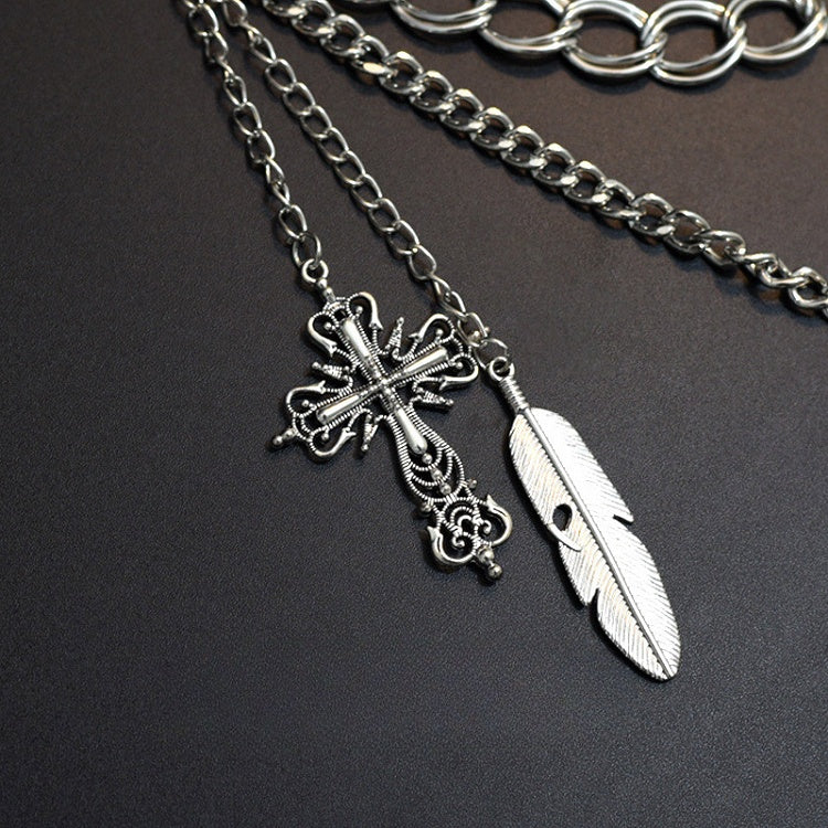 Cyberpunk Gothic Silver Cross Charm Waist Chain+Black PU Waist Belt