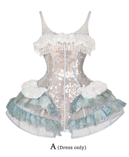 Birdcage Design Hem Shiny Sequins Boning Corset Dress + Jellyfish Overlay
