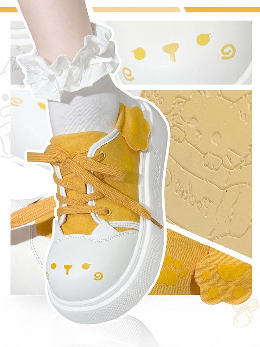 Dark Yellow Kitty Design Claw Pattern Platform Sneakers