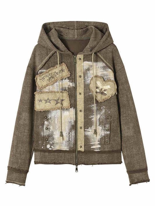 Sweetheart Applique Brown Gothic Punk Distressed Zip Hoodie with Studs