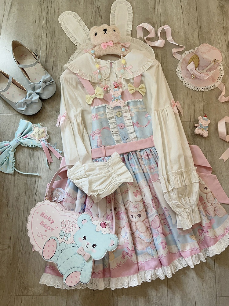 Teddy Bear Print Blue Sweet Lolita Overall Dress