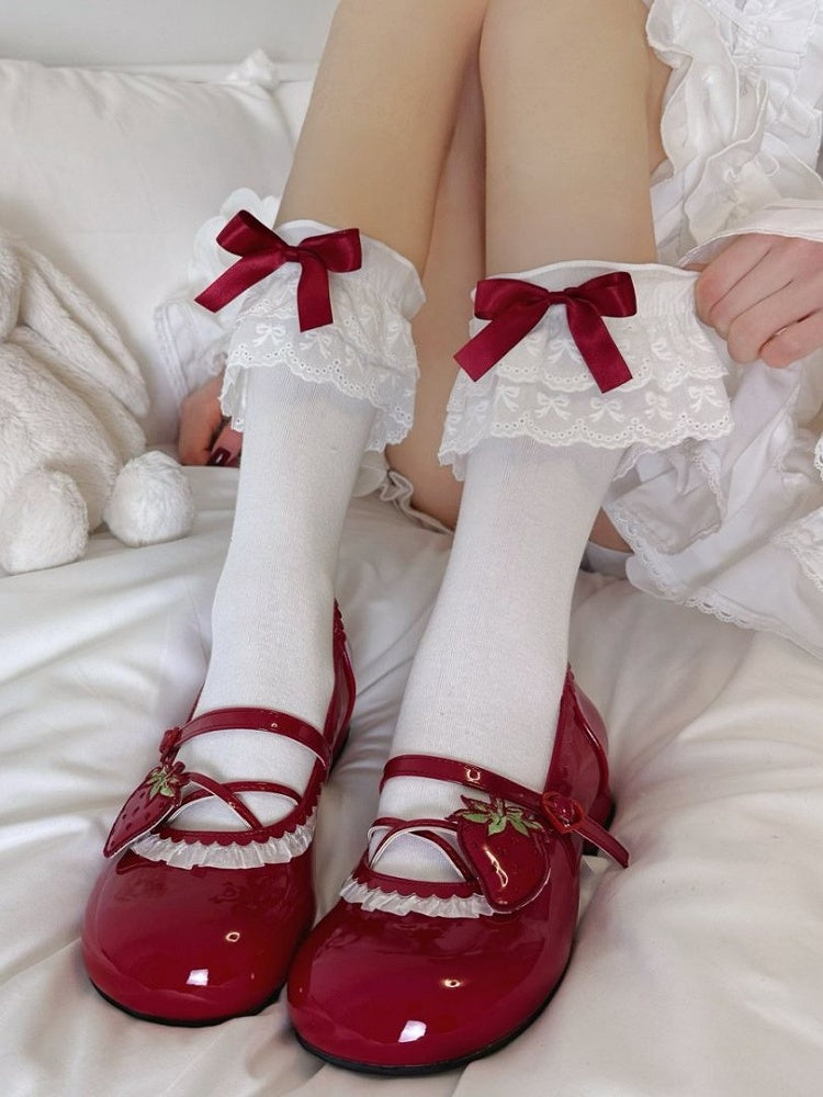 White Lolita Calf Socks With Pink/White/Red/Black Bowknots