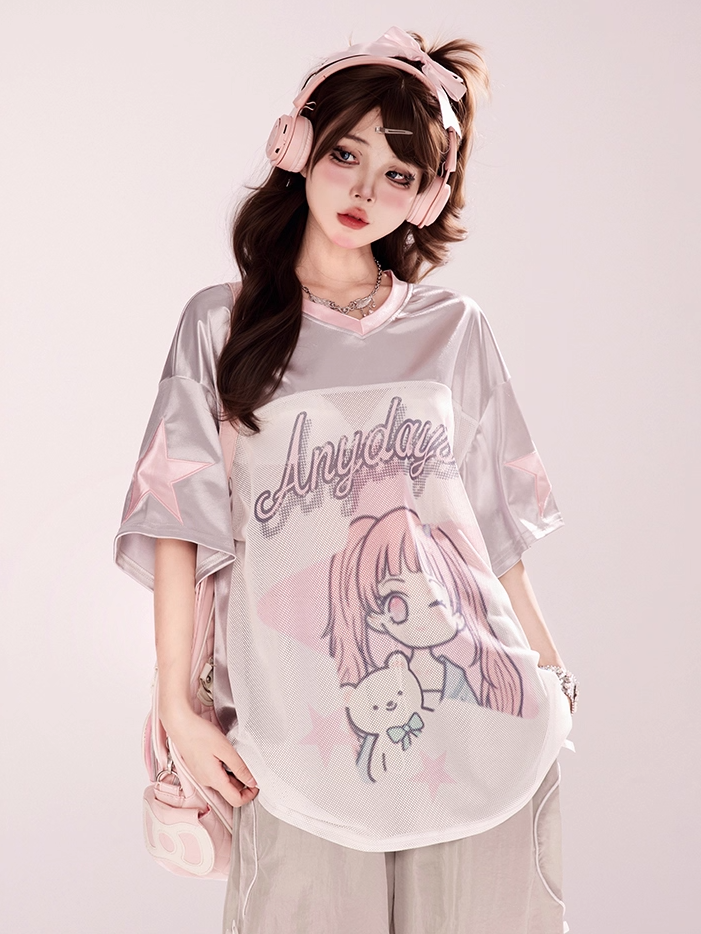Gray and Pink Colorblock Design Cartoon Girl Print Blokette Core V-neck T-shirt