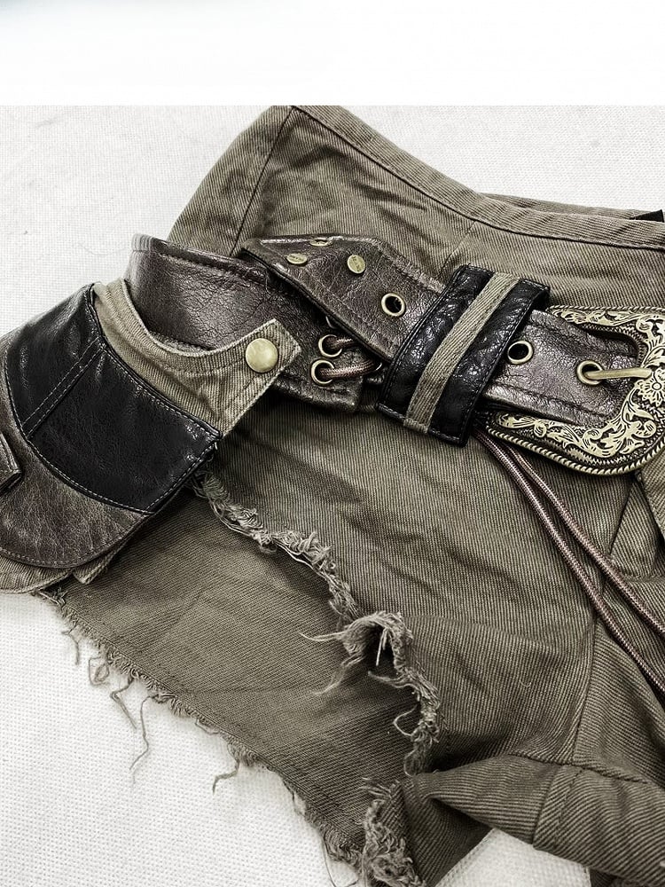 Army Green Low Waist Raw and Frayed Cuffs Shorts With Waist Belt