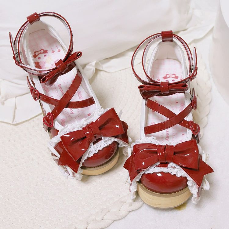 Polished Wine Red Bunny Ear Bowknot Old School Sweet Lolita Platforms