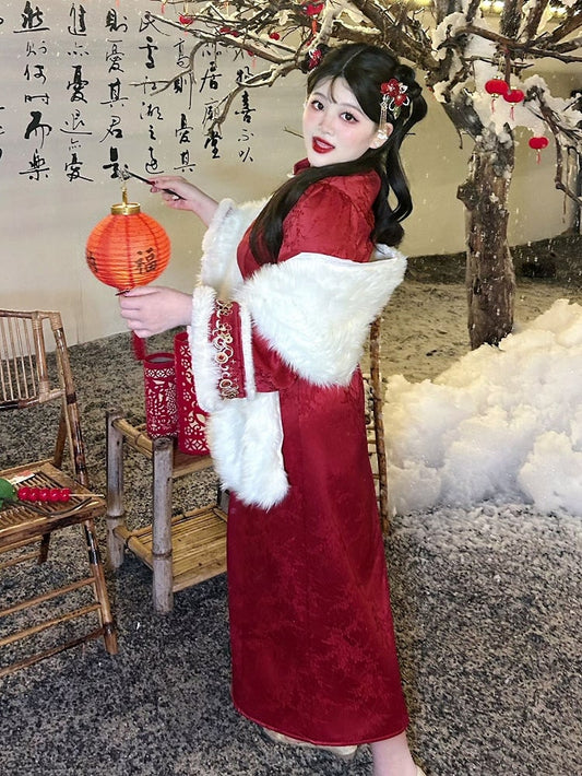 Plus Size Red Dragon Embroidery New Year Qipao with Plush Cuffs