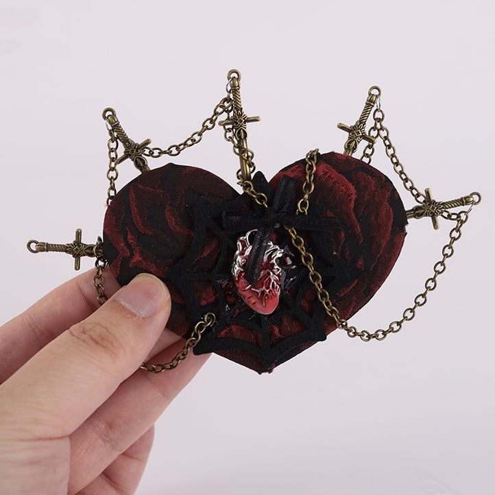 Red and Black Gothic Spider Web Heart-shaped Hairclip with Swords and Chains