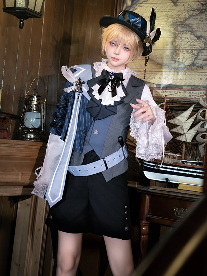 Ouji Lolita Steampunk Five-Piece Set - Waistcoat + One-shoulder Cape + Shorts + Belt + Feather Brooch