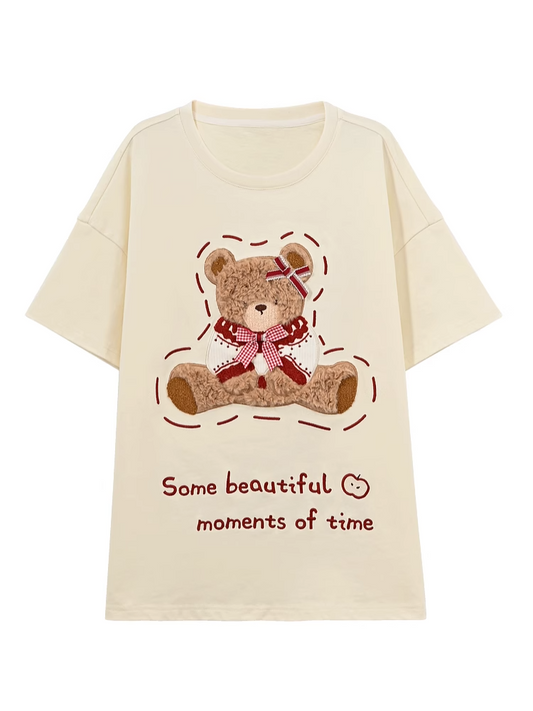 Plush Bear Embroidery Apricot Round Neck Loose Cotton T-shirt