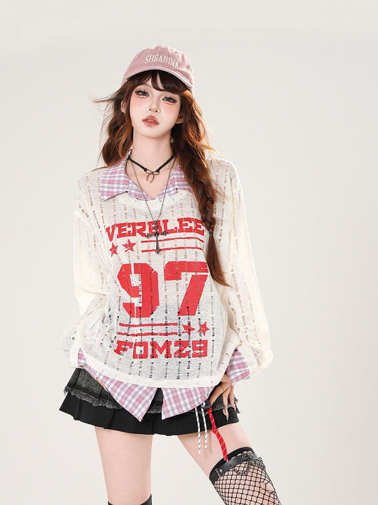 Plaid Hem Gray/White Distressed Holes Coverup Faux Two-pieces